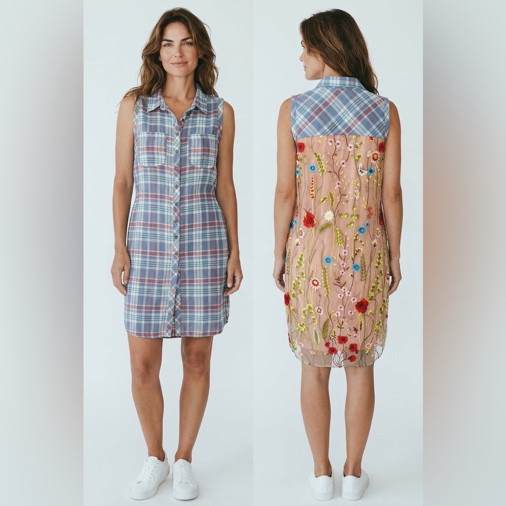 ARATTA SILENT JOURNEY ROMANTIC WESTERN PLAID FLORAL LACE TUNIC DRESS SZ S - Picture 3 of 11